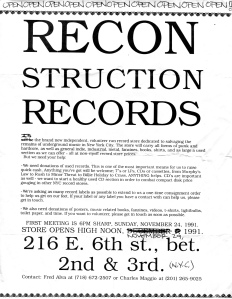 Reconstruction Records store opening flyer, 1991